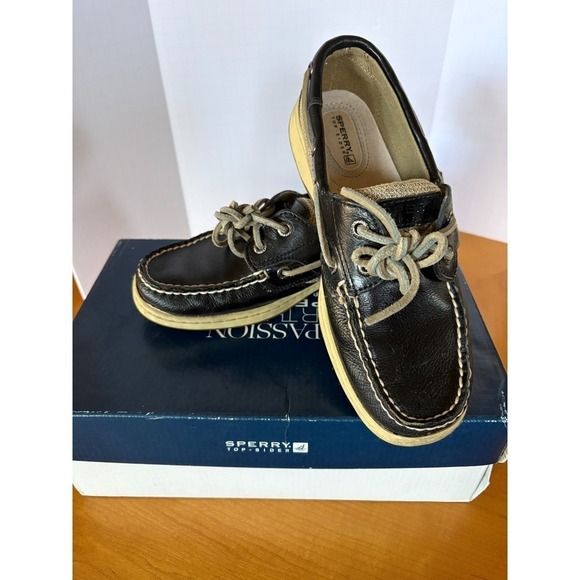 Sperry Shoes - Sperry Top-Sider Boat Shoes Black Leather Canvas/Woven Sides Women 6.5M